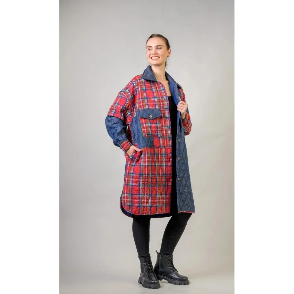Rhea Quilted Plaid LonglineJacket Red Blue Denim Patches Oversized Women onesize